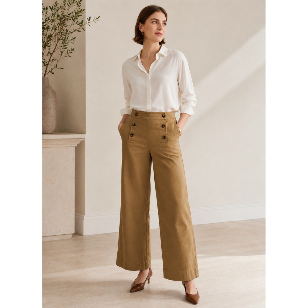 Boden Runswick Sailor Pants Sz 2 Camel Brown Wide Leg Button Front Old Money